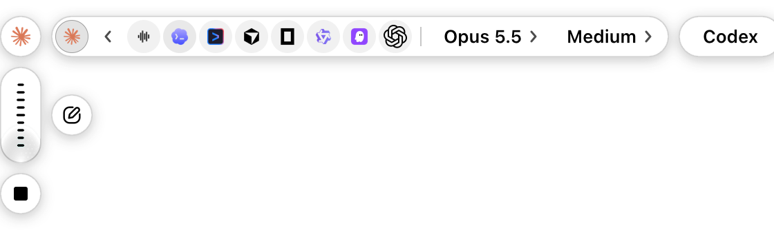 The Sayonic pill with its brain menu open: built-in, agent apps and API providers, with model and effort choices.