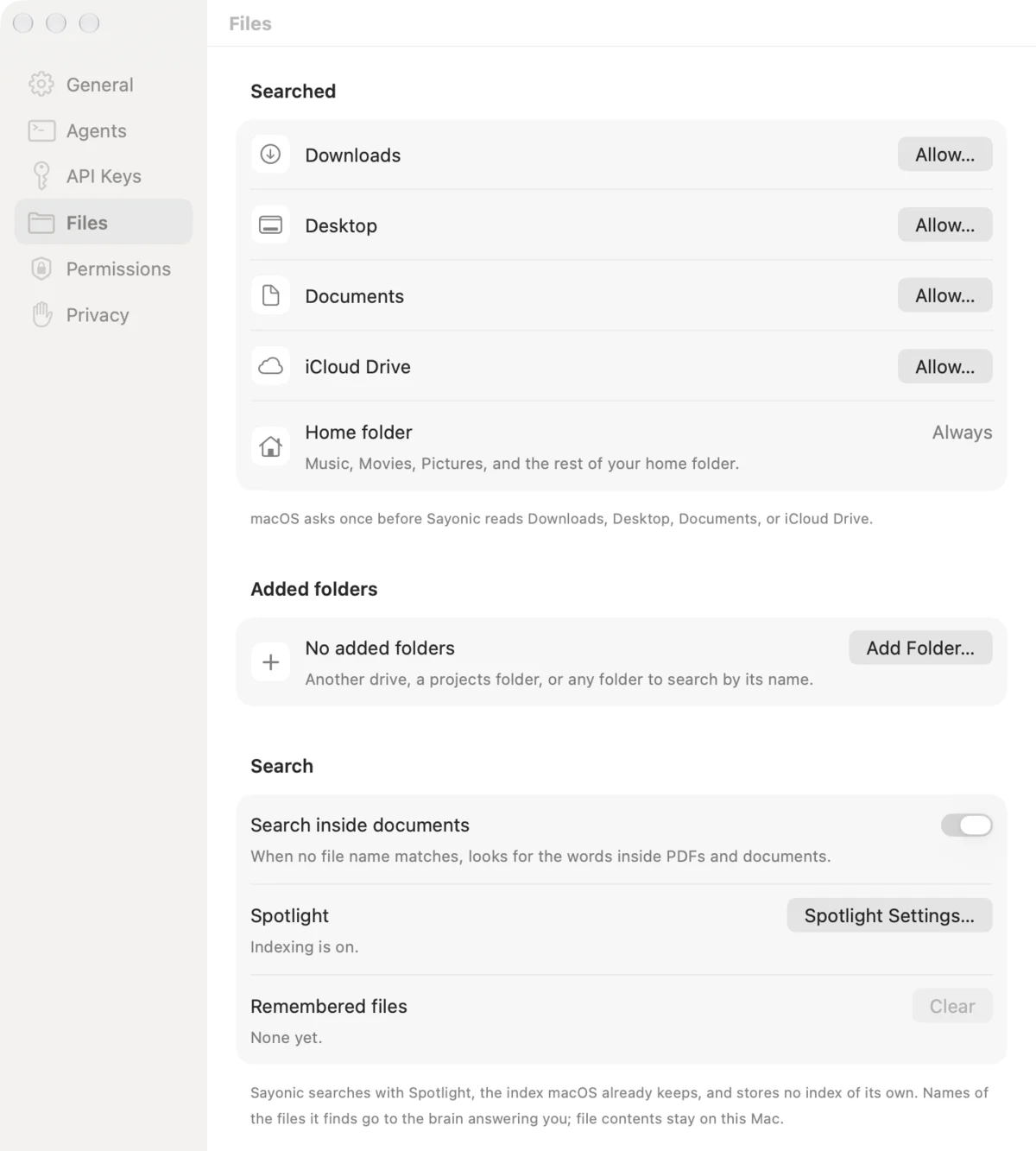 Sayonic Settings, Files page: searched folders, added folders, and the Search inside documents switch.