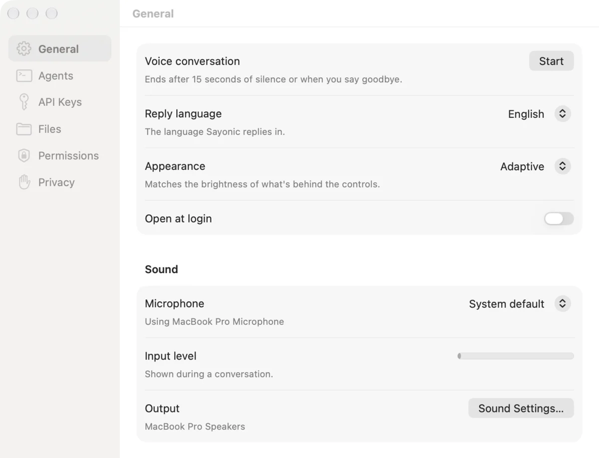 Sayonic Settings, General page: voice conversation, reply language, appearance and microphone.