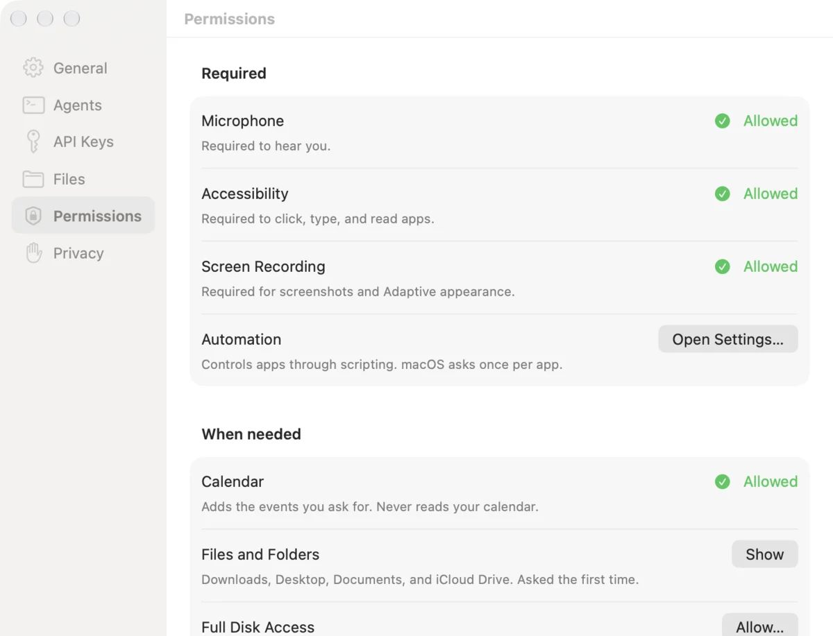 Sayonic Settings, Permissions page: Microphone, Accessibility, Screen Recording, Automation, Calendar, Files and Folders, Full Disk Access.